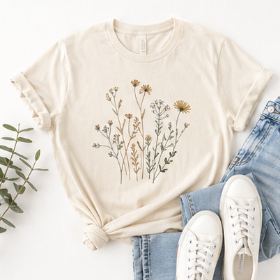 Cream botanical graphic women's T-shirt with jeans and sneakers
