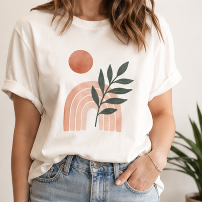 White abstract rainbow graphic women's T-shirt worn with jeans